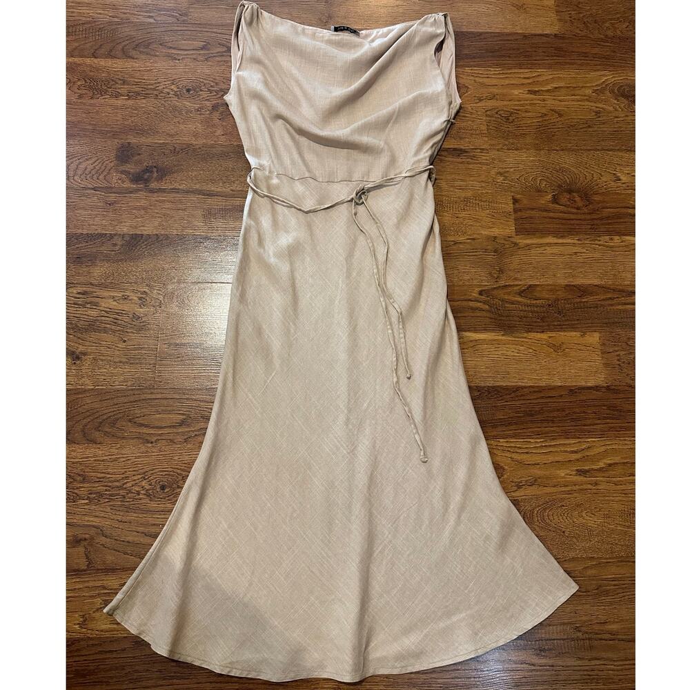 YH & CO Women's Linen Blend Midi Dress Beige Size 10 Elegant Chic Minimalist